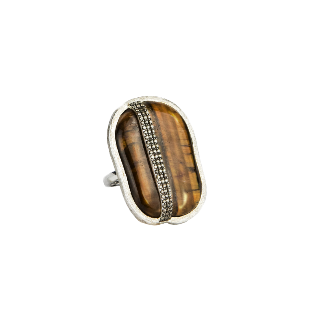 Dao Fournier Tiger Eye and Silver and Diamond Statement Ring